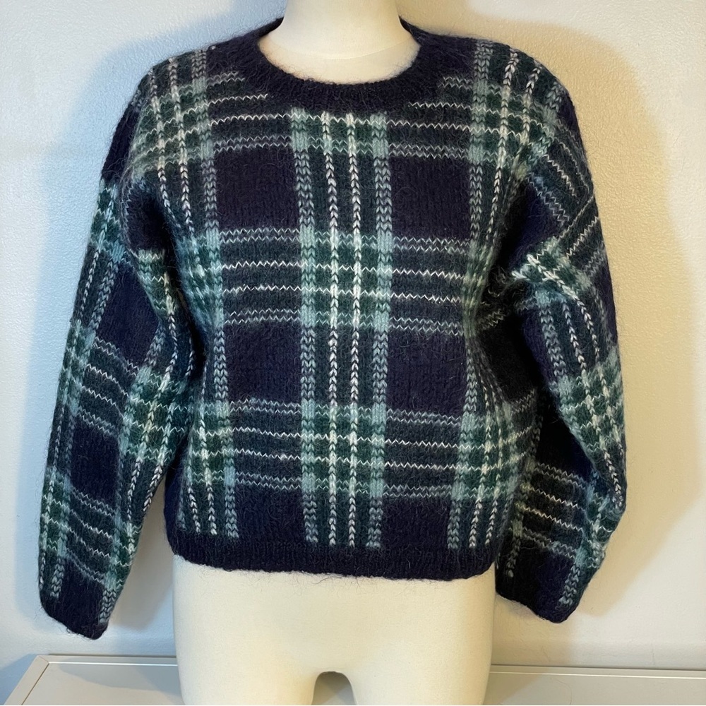 Paul Harris Design Blue Ivory Plaid Wool Mohair Vintage Crew Neck Sweater Sz M